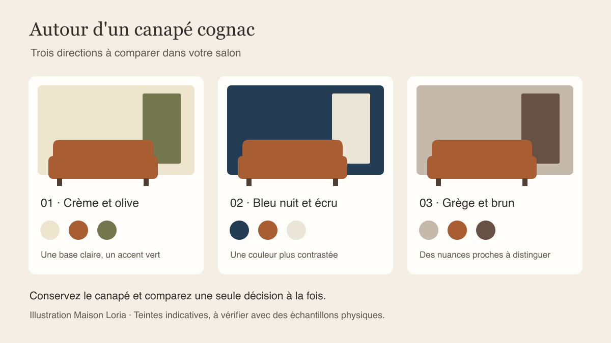 Trois propositions de palettes autour du cognac : crème et olive, bleu nuit et écru, grège et brun.